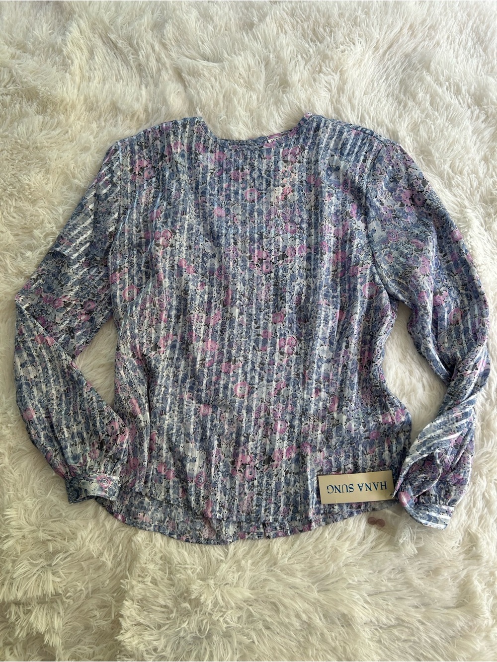 NWT Vintage Hana Sung Floral Pleated Blouse Size 10 Pink Blue